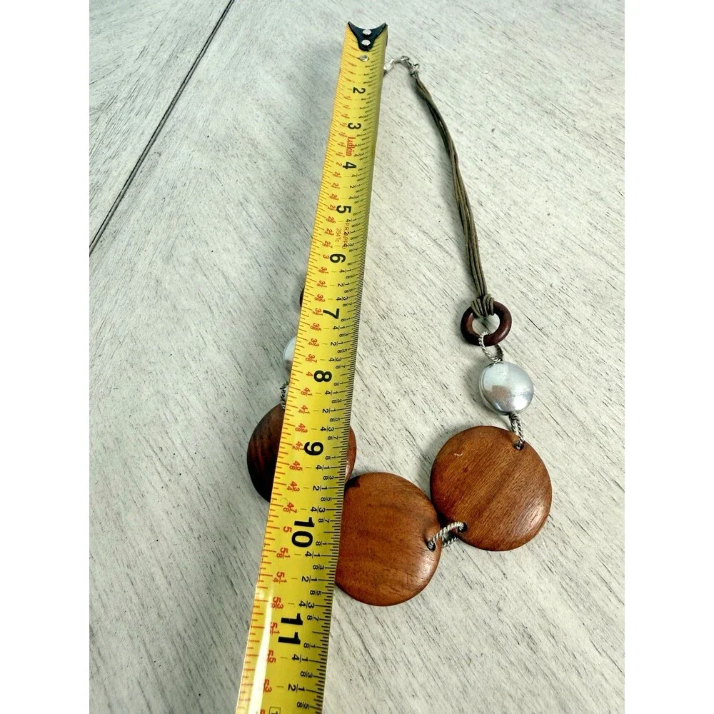 Chunky Round Wood Disc & Textured Silver Statement Necklace Rope Cord Boho